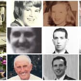 The nine people who were killed in the Claudy bombing on July 31, 1972. Top l-r: Joe Connolly (15), Kathryn Eakin (9) and William Temple (16). Middle l-r: Elizabeth McElhinney (59),: James McClelland (65) and Joe McCloskey (38); Bottom l-r: David Miller (60); Artie Hone (38) and Rose McLaughlin (51).