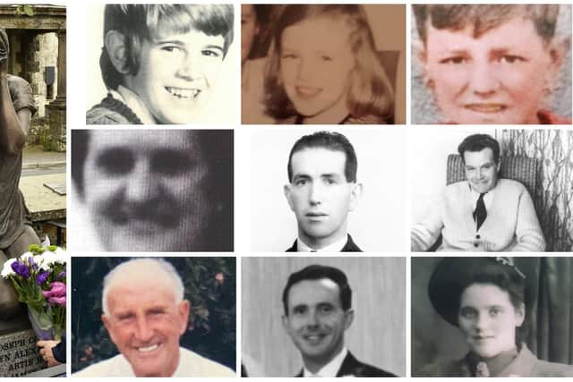 The nine people who were killed in the Claudy bombing on July 31, 1972. Top l-r: Joe Connolly (15), Kathryn Eakin (9) and William Temple (16). Middle l-r: Elizabeth McElhinney (59),: James McClelland (65) and Joe McCloskey (38); Bottom l-r: David Miller (60); Artie Hone (38) and Rose McLaughlin (51).
