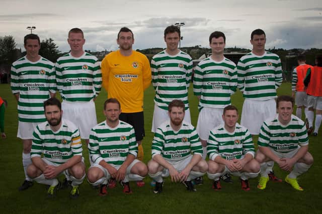 William O'Connor, standing second from left, pictured beside current Cockhill Celtic manager and former keeper Gavin Cullen when the Inishowen men played Longford Town in the FAI Cup.