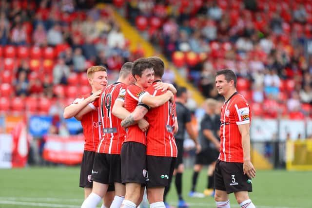 Derry City players celebrate another goal in the first half against Oliver Bond Celtic at Brandywell. Photo by Kevin Moore.