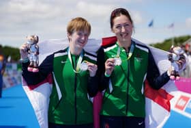 Northern Ireland's Chloe Maccombe (left) and her guide Catherine Sands celebrate winning silver in the Womens Para Triathlon on day three of the 2022 Commonwealth Games in Birmingham.