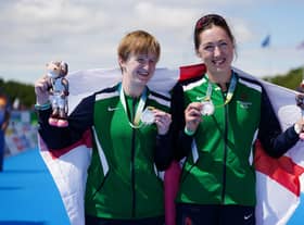 Northern Ireland's Chloe Maccombe (left) and her guide Catherine Sands celebrate winning silver in the Womens Para Triathlon on day three of the 2022 Commonwealth Games in Birmingham.