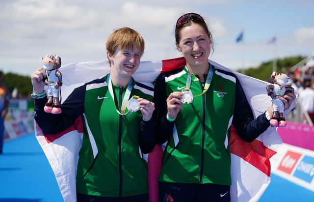 Northern Ireland's Chloe Maccombe (left) and her guide Catherine Sands celebrate winning silver in the Womens Para Triathlon on day three of the 2022 Commonwealth Games in Birmingham.