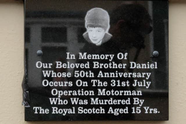 A plaque unveiled on Sunday afternoon last, in Creggan, on the 50th anniversary of the death of 15 year-old Daniel Hegarty killed by a British soldier during Operation Motorman on 31 July 1972.  DER2231GS - 034