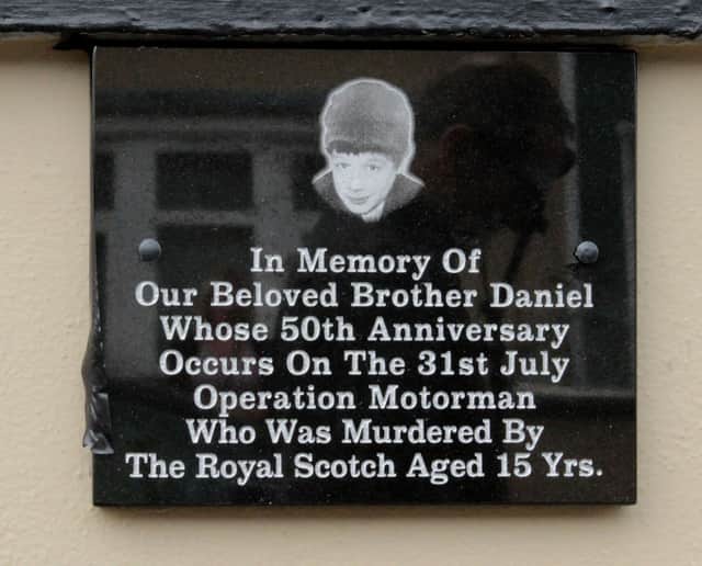 A plaque unveiled on Sunday afternoon last, in Creggan, on the 50th anniversary of the death of 15 year-old Daniel Hegarty killed by a British soldier during Operation Motorman on 31 July 1972.  DER2231GS - 034