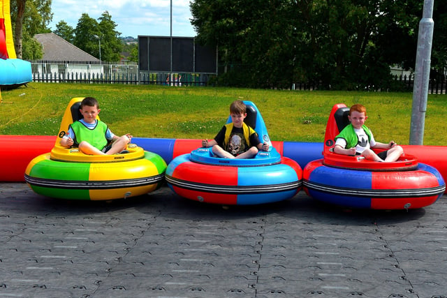 Ready to start the Bumper Cars at the Hillcrest Trust and Irish Street Youth and Community Association’s Waterside Shared Village Summer Scheme at the An Chroí Community Hub on Friday afternoon last. Photo: George Sweeney.  DER2230GS – 018