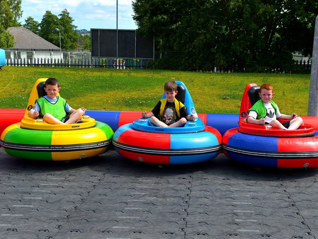 Ready to start the Bumper Cars at the Hillcrest Trust and Irish Street Youth and Community Association’s Waterside Shared Village Summer Scheme at the An Chroí Community Hub on Friday afternoon last. Photo: George Sweeney. DER2230GS – 018