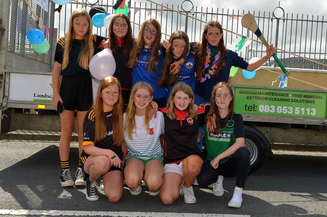 Girls from the ‘We are Heroes’’ float at the Clonmany Festival Parade held on Sunday afternoon last. Photo: George Sweeney.  DER2231GS – 001