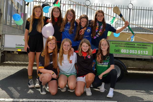 Girls from the ‘We are Heroes’’ float at the Clonmany Festival Parade held on Sunday afternoon last. Photo: George Sweeney. DER2231GS – 001