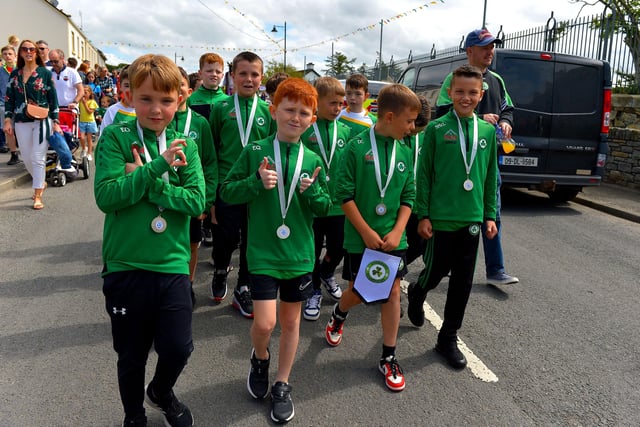 Soccer players from Clonmany Shamrocks were in the Clonmany Festival Parade held on Sunday afternoon last. Photo: George Sweeney.  DER2231GS – 007