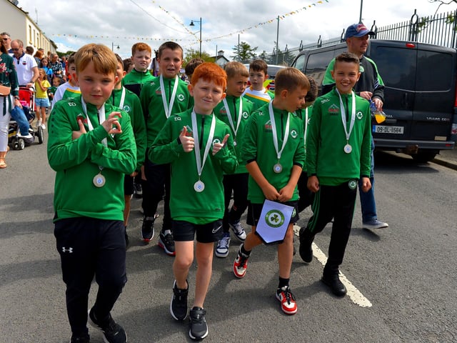 Soccer players from Clonmany Shamrocks were in the Clonmany Festival Parade held on Sunday afternoon last. Photo: George Sweeney.  DER2231GS – 007