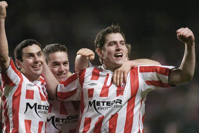 Current Derry City manager, Ruaidhri Higgins (right) celebrates with the late Mark Farren, left and Gary Beckett, centre after the final whistle as the Candy Stripes beat St Pat's to win the FAI Carlsberg Senior Challenge Cup in 2006 at Lansdowne Road.