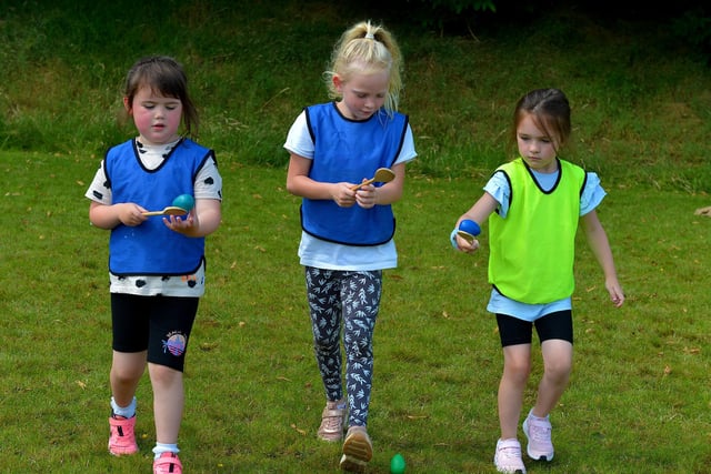 An egg and spoon race underway at the Hillcrest Trust and Irish Street Youth and Community Association’s Waterside Shared Village Summer Scheme at the An Chroí Community Hub on Friday afternoon last. Photo: George Sweeney.  DER2230GS – 026