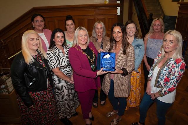 Some of the team's mums pictured with the Mayor, Sandra Duffy at Monday evening's reception for Don Bosco's u8s. Picture by Jim McCafferty Photography