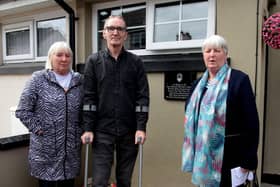 Hugh Brady with Kathleen Devenney and Margaret Brady, sisters of  Daniel Hegarty, at the unveiling of a plaque to mark the 50th anniversary of his killing by a British soldier. DER2231GS – 033
