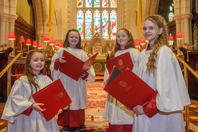 Robyn-Emily McGonigle, Lily McMackin, Emily Huey, aged eight and fourteen years old Victoria Slomkowska who are among the first young people to join St.Columbâ€TMs Cathedralâ€TMs new Girls Choir in Derry-Londonderry. The new choir for 7-16 years old begins rehearsals in September.  This will provide an exciting opportunity for young musicians to develop their potential and is open to people of all faith backgrounds â€“ not just the Church of Ireland.The Cathedral will continue to maintain a Boysâ€TM Choir, and the new Girlsâ€TM Choir will play its own part in the schedule of services. Picture Martin McKeown. 03.07.22