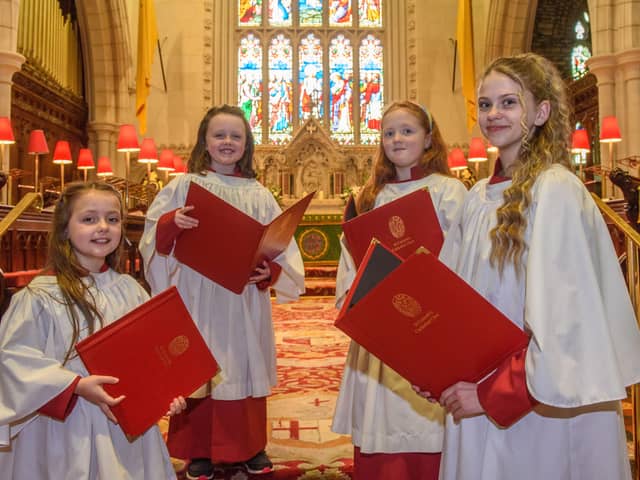Robyn-Emily McGonigle, Lily McMackin, Emily Huey, aged eight and fourteen years old Victoria Slomkowska who are among the first young people to join St.Columbâ€TMs Cathedralâ€TMs new Girls Choir in Derry-Londonderry. The new choir for 7-16 years old begins rehearsals in September.  This will provide an exciting opportunity for young musicians to develop their potential and is open to people of all faith backgrounds â€“ not just the Church of Ireland.The Cathedral will continue to maintain a Boysâ€TM Choir, and the new Girlsâ€TM Choir will play its own part in the schedule of services. Picture Martin McKeown. 03.07.22