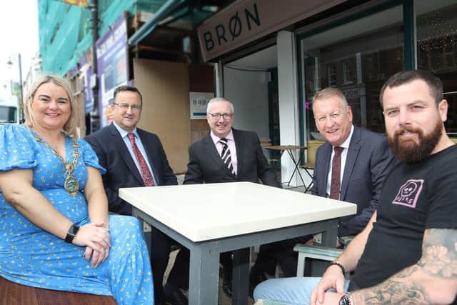 Mayor Sandra Duffy at the launch of the Bishop Street Parklets, with from left, Colin Greer, DFC, Jim Roddy, City Centre manager, Tony Monaghan, DCSDC, and Connor Allen, proprietor, Brøn. (Photo - Tom Heaney, nwpresspics)