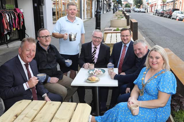 Mayor of Derry City and Strabane District Council Cllr Sandra Duffy at the launch of the Bishop Street Parklets, with from left, Jim Roddy, City Centre manager, Adam Goodall, DCSDC, Paul McCole, proprietor Sandwich Company, Tony Monaghan, DCSDC, Colin Greer, Department for Communities, and William Doherty, contractor. (Photo - Tom Heaney, nwpresspics)