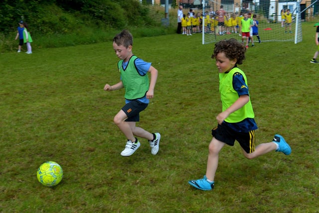 Soccer was one of the sports on offer at the Hillcrest Trust and Irish Street Youth and Community Association’s Waterside Shared Village Summer Scheme at the An Chroí Community Hub on Friday afternoon last. Photo: George Sweeney.  DER2230GS – 027