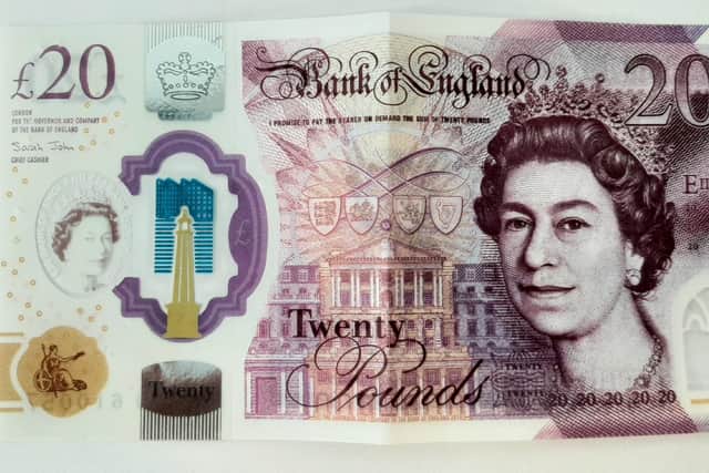The obverse of one of the counterfeit £20 notes.