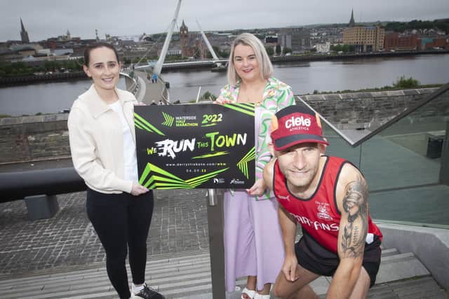 WATERSIDE HALF MARATHON 2022. . . . The Mayor of Derry City and Strabane District Council Sandra Duffy pictured on Thursday morning at Ebrington for the launch of the Waterside Half Marathon 2022 â€ ̃We Run This Townâ€TM. The event will take place on September 4, 2022. Included are Catherine Ashford, Festival and Events Department, Derry City and Strabne District Council and local marathon runner Kyle Doherty.