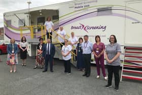 Minister Swann with staff & PHA staff at a recent Breast Screening Mobile Unit in Newry.