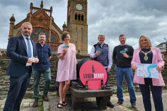 Launching the LegenDerry Food Trail on Derry’s Walls are, from left, Visit Derry Chief Executive Odhran Dunne, Darragh Tomás MacAmhlaoibh, Nine Hostages Coffee, Emily McCorkell – Lo and Slo, Ray Moran, Soda and Starch, Brendan Moore, Moore on the Quay and Mayor of Derry City and Strabane District Council, Councillor Sandra Duffy.