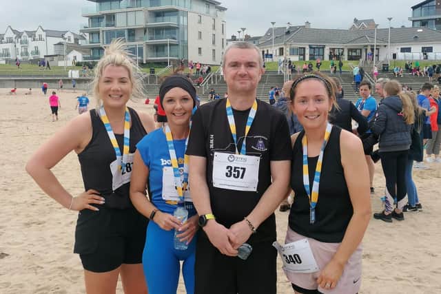 Sharon McCorin (far right) with running friends Michelle, Orla and Tommy at the recent Bob and Berts 10k in Portrush