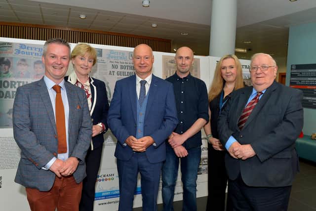 Pictured at the launch of the Derry Journal 250 exhibition at Ulster University Magee on Frday afternoon are Professor Malachy " Néill, Professor Terri Scott, Professor Paul Bartholomew, Vice-Chancellor, Brendan McDaid, Editor, Derry Journal, Leona O’Neill, Journalism Lecturer and Professor Tom Frazer. Photo: George Sweeney.  DER2231GS – 044