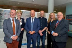 Pictured at the launch of the Derry Journal 250 exhibition at Ulster University Magee on Frday afternoon are Professor Malachy " Néill, Professor Terri Scott, Professor Paul Bartholomew, Vice-Chancellor, Brendan McDaid, Editor, Derry Journal, Leona O’Neill, Journalism Lecturer and Professor Tom Frazer. Photo: George Sweeney.  DER2231GS – 044