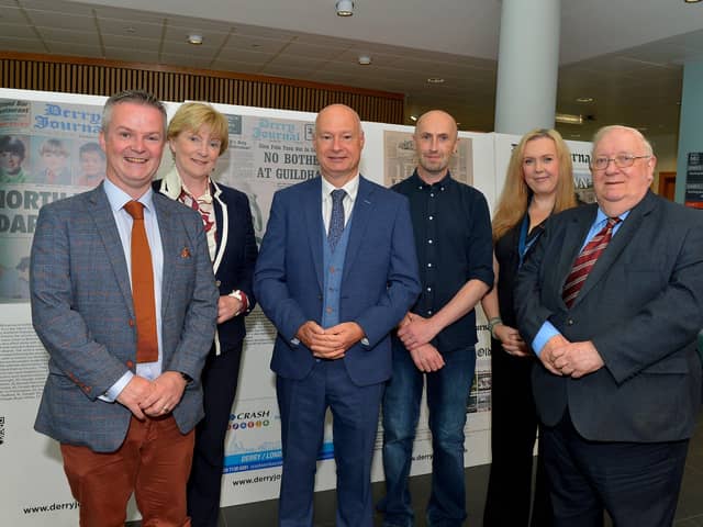 Pictured at the launch of the Derry Journal 250 exhibition at Ulster University Magee on Frday afternoon are Professor Malachy " Néill, Professor Terri Scott, Professor Paul Bartholomew, Vice-Chancellor, Brendan McDaid, Editor, Derry Journal, Leona O’Neill, Journalism Lecturer and Professor Tom Frazer. Photo: George Sweeney.  DER2231GS – 044