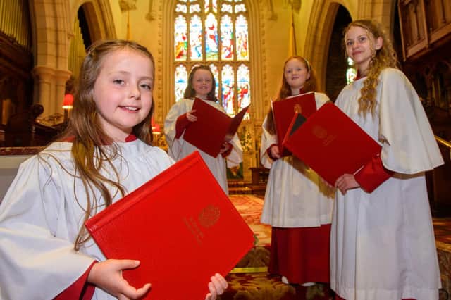 Robyn-Emily McGonigle, Lily McMackin, Emily Huey, aged eight and fourteen years old Victoria Slomkowska who are among the first young people to join St.Columb’s Cathedral’s new Girls Choir in Derry-Londonderry. The new choir for 7-16 years old begins rehearsals in September.  This will provide an exciting opportunity for young musicians to develop their potential and is open to people of all faith backgrounds – not just the Church of Ireland. The Cathedral will continue to maintain a Boys’ Choir, and the new Girls’ Choir will play its own part in the schedule of services. Picture Martin McKeown. 03.07.22