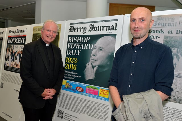 Bishop of Derry, the Most Reverend Dr Donal McKeown and Derry Journal editor Brendan McDaid pictured at the launch of the Derry Journal 250 exhibition at Ulster University Magee on Friday afternoon. Photo: George Sweeney.  DER2231GS – 057