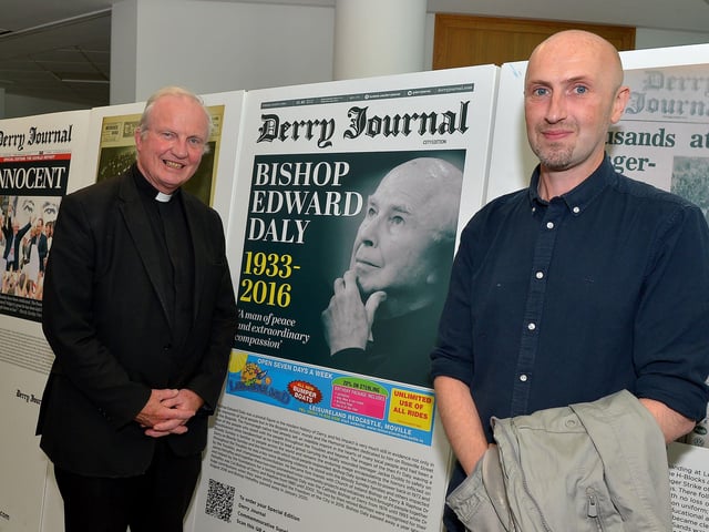 Bishop of Derry, the Most Reverend Dr Donal McKeown and Derry Journal editor Brendan McDaid pictured at the launch of the Derry Journal 250 exhibition at Ulster University Magee on Friday afternoon. Photo: George Sweeney. DER2231GS – 057