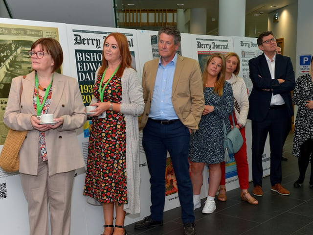 Some of the attendance at the launch of the Derry Journal 250 exhibition at Ulster University Magee on Friday afternoon. Photo: George Sweeney.  DER2231GS – 050