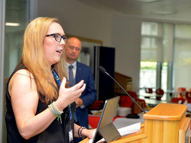 Journalism Lecturer Leona O’Neill speaking at the launch of the Derry Journal 250 exhibition at Ulster University Magee on Friday afternoon. Photo: George Sweeney.  DER2231GS – 052