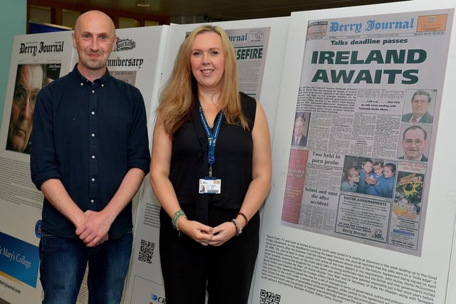 Derry Journal editor Brendan McDaid and Journalism Lecturer and former journalist Leona O’Neill pictured at the launch of the Derry Journal 250 exhibition at Ulster University Magee on Friday afternoon. Photo: George Sweeney.  DER2231GS – 055