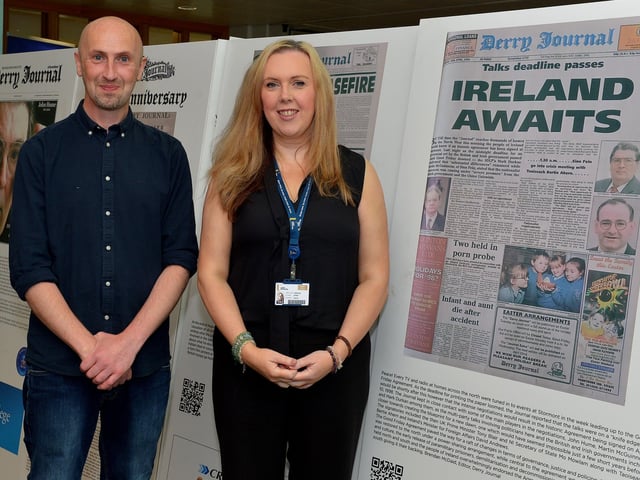 Derry Journal editor Brendan McDaid and Journalism Lecturer and former journalist Leona O’Neill pictured at the launch of the Derry Journal 250 exhibition at Ulster University Magee on Friday afternoon. Photo: George Sweeney. DER2231GS – 055