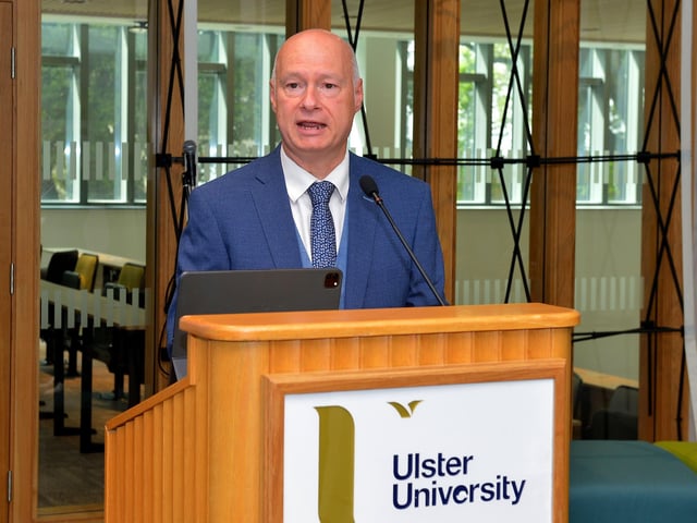 Professor Paul Bartholomew, Vice-Chancellor, speaking at the launch of the Derry Journal 250 exhibition at Ulster University Magee on Friday afternoon. Photo: George Sweeney. DER2231GS – 048