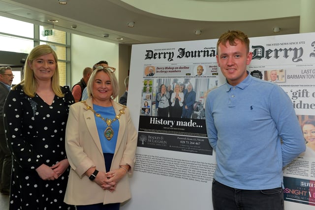 Norah McGowan, Constituency Office manager, Padraig Delargy MLA and Mayor Sandra Duffy pictured at the launch of the Derry Journal 250 exhibition at Ulster University Magee on Friday afternoon. Photo: George Sweeney.  DER2231GS – 047