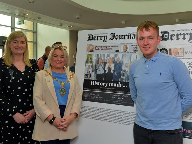 Norah McGowan, Constituency Office manager, Padraig Delargy MLA and Mayor Sandra Duffy pictured at the launch of the Derry Journal 250 exhibition at Ulster University Magee on Friday afternoon. Photo: George Sweeney.  DER2231GS – 047