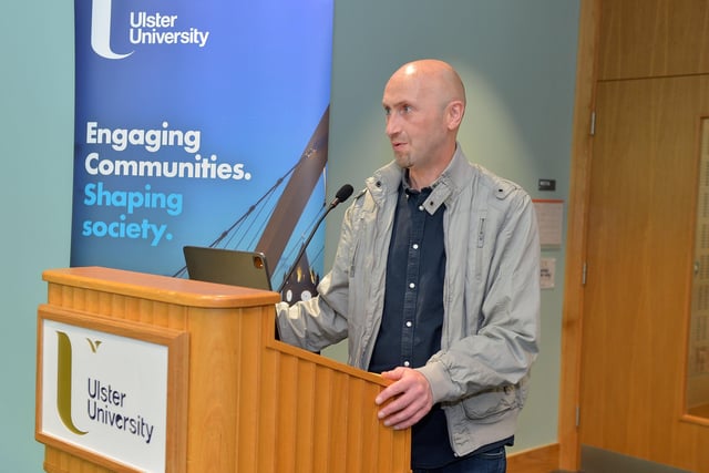 Derry Journal editor Brendan McDaid speaking at the launch of the Derry Journal 250 exhibition at Ulster University Magee on Friday afternoon. Photo: George Sweeney.  DER2231GS â€“ 053