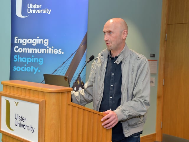 Derry Journal editor Brendan McDaid speaking at the launch of the Derry Journal 250 exhibition at Ulster University Magee on Friday afternoon. Photo: George Sweeney. DER2231GS – 053