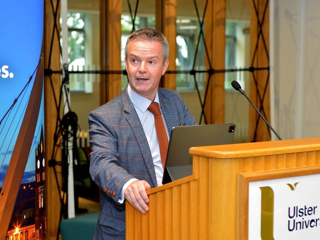 Professor Dr Malachy Ó Néill, Director of Regional Development speaking at the launch of the Derry Journal 250 exhibition at Ulster University Magee on Friday afternoon. Photo: George Sweeney.  DER2231GS – 051