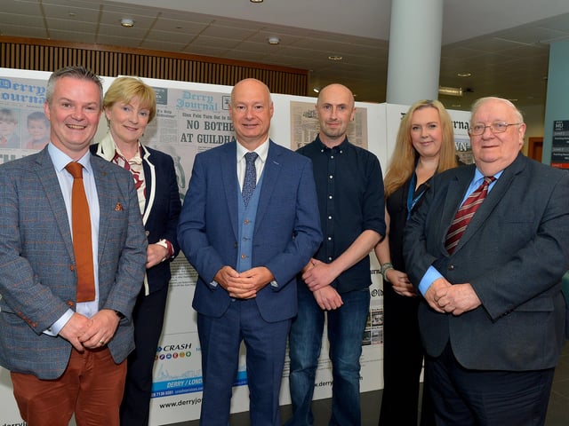 Pictured at the launch of the Derry Journal 250 exhibition at Ulster University Magee on Frday afternoon are Professor Malachy " Néill, Professor Terri Scott, Professor Paul Bartholomew, Vice-Chancellor, Brendan McDaid, Editor, Derry Journal, Leona O’Neill, Journalism Lecturer and Professor Tom Frazer. Photo: George Sweeney. DER2231GS – 044