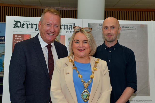 Dr Jim Roddy, Mayor Sandra Duffy and Derry Journal editor Brendan McDaid pictured at the launch of the Derry Journal 250 exhibition at Ulster University Magee on Frday afternoon . Photo: George Sweeney.  DER2231GS – 045