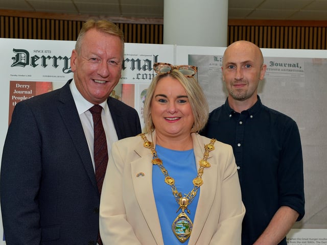 Dr Jim Roddy, Mayor Sandra Duffy and Derry Journal editor Brendan McDaid pictured at the launch of the Derry Journal 250 exhibition at Ulster University Magee on Frday afternoon . Photo: George Sweeney. DER2231GS – 045