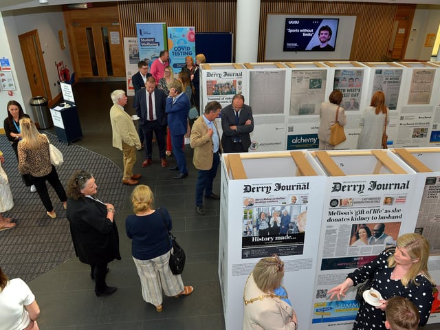 Some of the attendance at the launch of the Derry Journal 250 exhibition at Ulster University Magee on Friday afternoon. Photo: George Sweeney. DER2231GS – 046