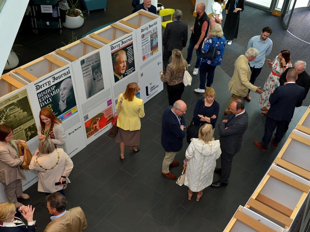 Some of the attendance at the launch of the Derry Journal 250 exhibition at Ulster University Magee on Friday afternoon. Photo: George Sweeney.  DER2231GS – 056